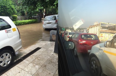 写真1左：道路はすぐに洪水写真２右：すぐに渋滞